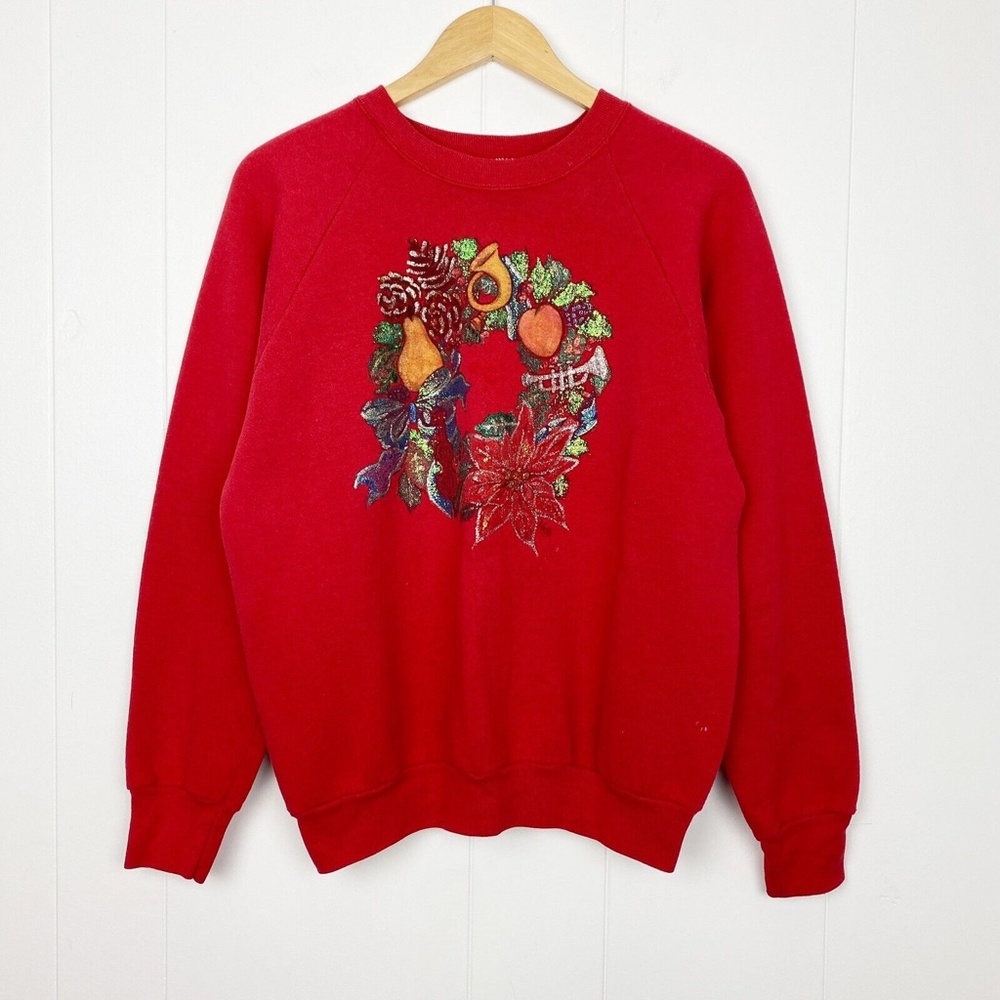 Vintage Ugly Christmas Sweatshirt Large Wreath Red Fruit Of The Loom 50/50 USA - Picture 2 of 11